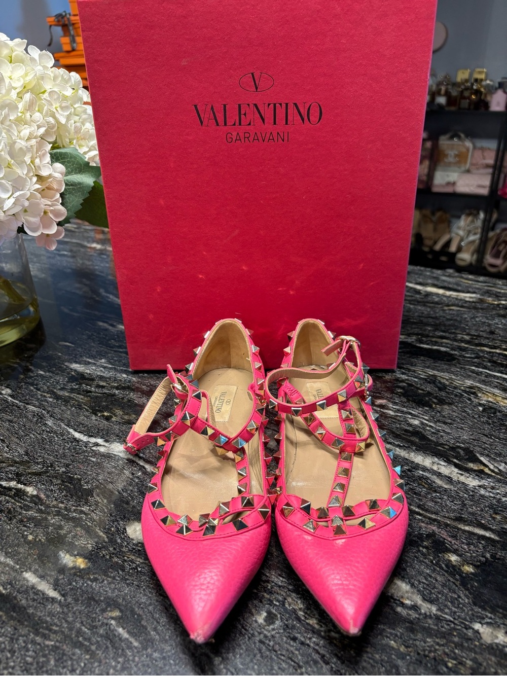 Valentino Garavani Hot Pink Rockstud Pointed T‑Strap Flats